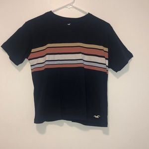 navy blue short sleeve top with pastel stripes